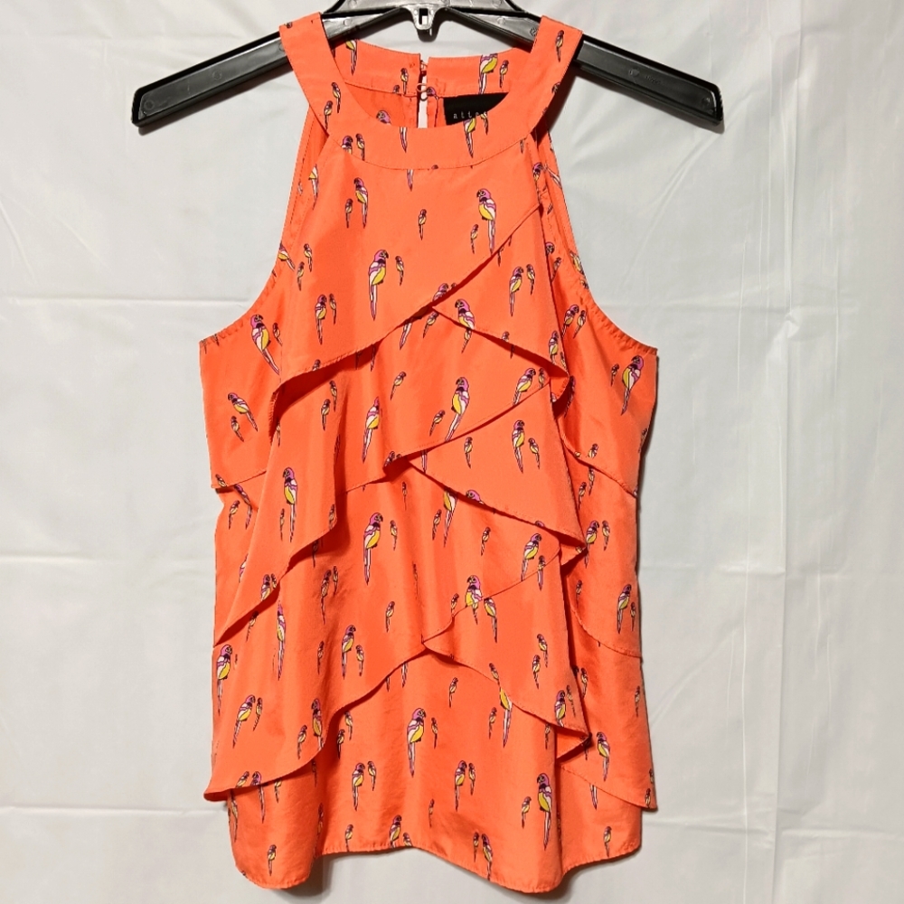 Attention EUC Women's Dressy Halter Blouse, Small, Orange with Parrots